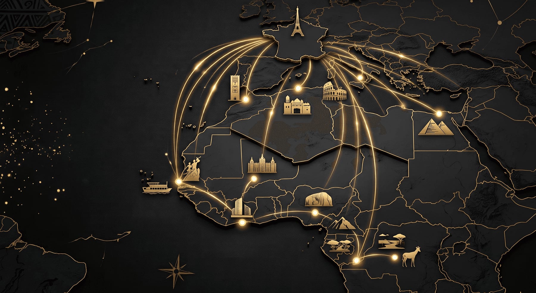 Carte des connexions AME entre la France, le Maghreb et l'Afrique